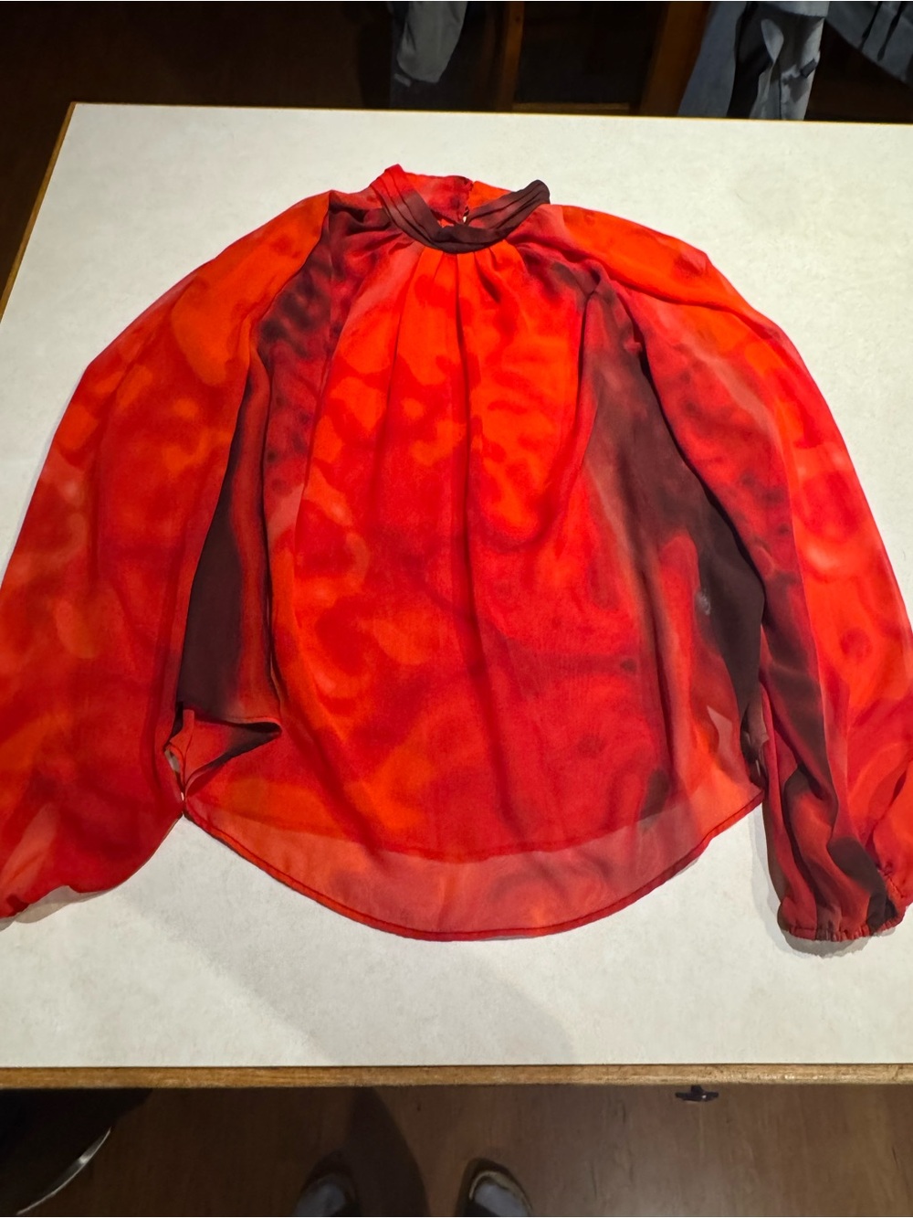 Women's Red Sheer Long-Sleeve Blouse with Gathered Neck